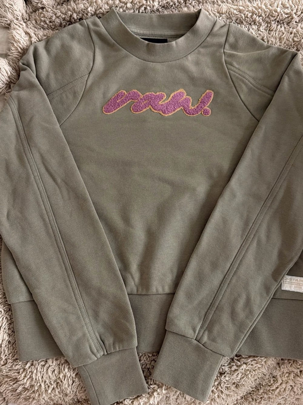 Olive Green Crewneck Sweater with Pink Logo